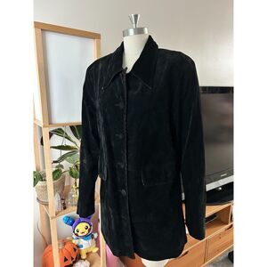 Sans Souci Black Velvet Long Coat Womens L Button Front Pockets USA
